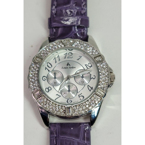 Louis Arden LA7258 Wrist Watch Purple Leather Band Crystal Bezel Japan Works! - Picture 4 of 16
